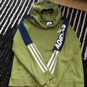 adidas Olive Green Hoodie with Navy Accents and White Stripes